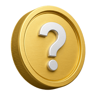 Gold-coloured 3D coin featuring a question mark, decorative element on the FAQ page